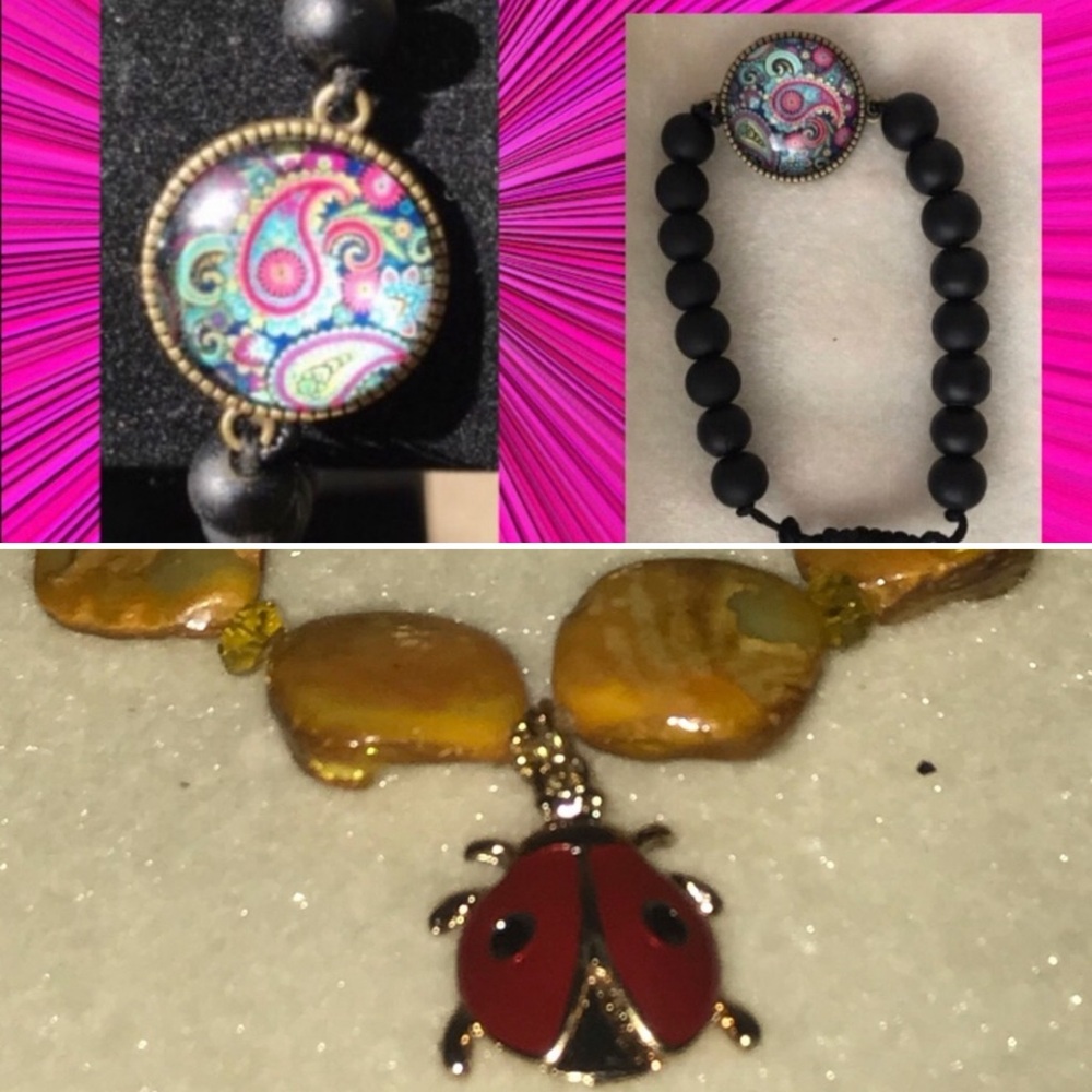 2 Bracelets, 1 Colorful Paisley Bracelet 1 yellow with Red Ladybug